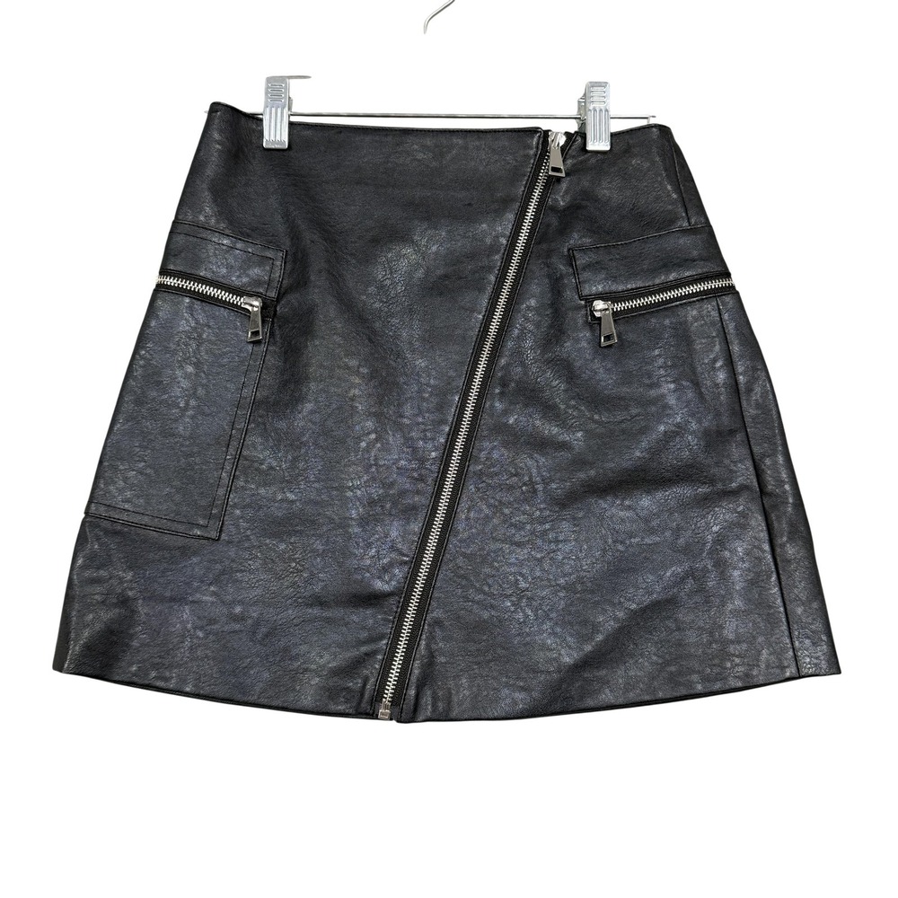 Hey Babe Skirt Womens Small Black Faux Leather Mini Zip Pockets Asymmetrical